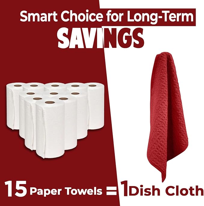 DAN RIVER Premium Dish Cloth 100% Cotton 12 X 12 Inches |Pack of 8|-Ultra Soft Tea Towels-Highly Absorbent Kitchen Rags-Terry Dishcloth for Kitchen and Household Cleaning |Red|