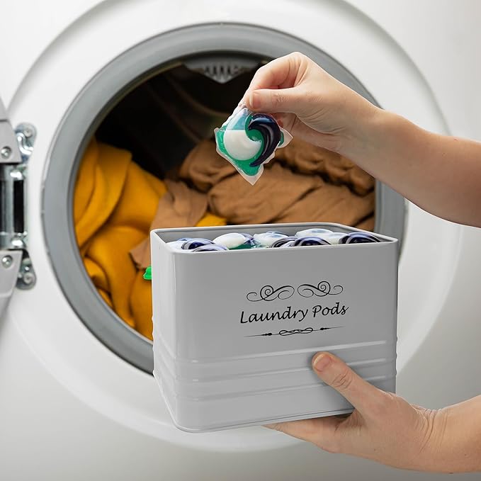 ELITAPRO Laundry Pods Holder - Modern Farmhouse Laundry Pods Container - Metal Detergent Pods Container with Lid for Laundry Room Decor and Accessories - Laundry Room Organization & Storage (Khaki)