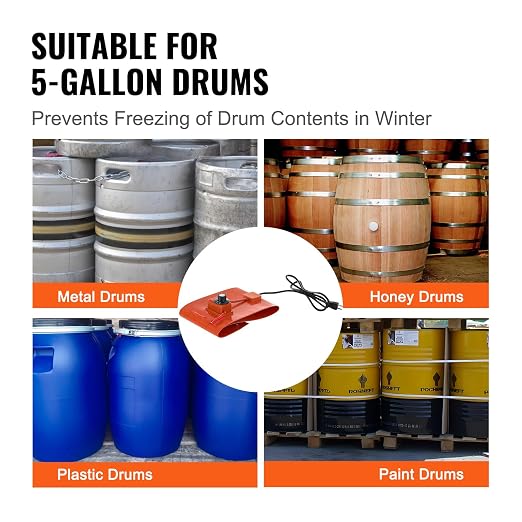 VEVOR Metal Drum Heater, 800 Watt 7.75" Width, Pail Heating Band for 5 Gallon Barrel, 86-302℉ Adjustable Thermostat, High Efficiency Silicone Grease Keg Heater, Tested to UL 499 Standard, FCC Listed