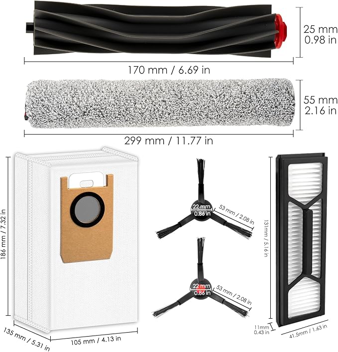 (14 Pack) Omni S1 Pro Replacement Parts Compatible with Omni S1 Pro Robot Vacuum Cleaner, Accessories Kit, 1 Rubber Roller Brush, 1 Roller Mop, 4 Side Brushes, 4 Dust Bags, 4 HEPA Filters