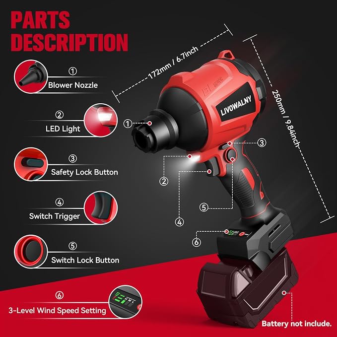 LIVOWALNY Cordless Air Pump Dust Blower Compatible with Milwaukee 18V Battery, Brushless Air Duster Compressed Air Mattress Pump w/ 3 Speeds & 7 Nozzles & 447 MPH/39 CFM for Workshop(Tool ONLY)