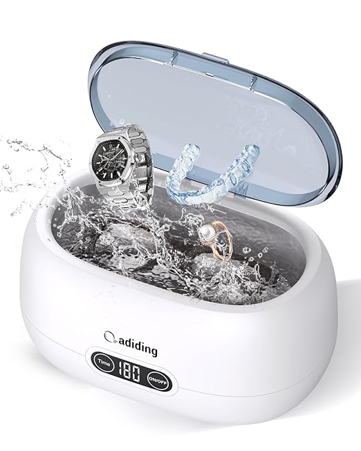 Adiding Jewelry Cleaning Machine, 650mL Ultrasonic Glasses Rings Cleaner Professional Denture Coins Watch Cleaner with 5 Digital Timer Degas Mode Diamond Earrings Necklaces