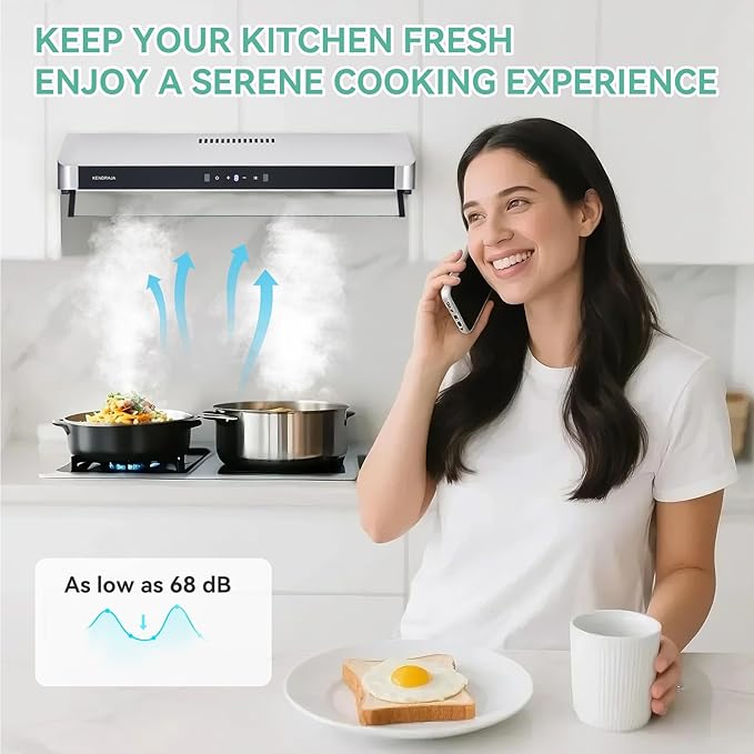 30 Inch Under Cabinet Range Hood | 400 CFM Stainless Steel | Convertible Ducted/Ductless | Touchless Gesture Control | Washable Grease Filters | 3 Speed Fan | LED Lighting - Kendraja