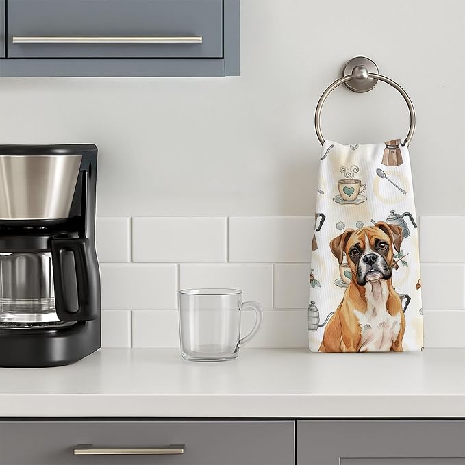 Caroline's Treasures Boxer Coffee Bar Kitchen Towel Velour Plush Front and Cotton Loop Back Machine Washable