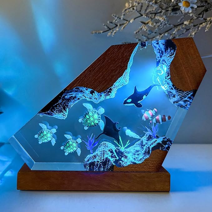 Killer Whale Ocean Resin Lamp, Handmade RGB Ocean Lamp with Wooden Base,Resin Art Lamp for Home Office Decor,Ocean Gifts for Women or Men,Unique Birthday Holiday Gifts for Mom Dad(S 6"X4")