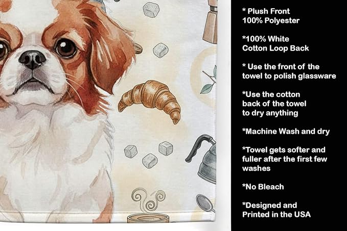 Caroline's Treasures Red and White Japanese Chin Coffee Bar Kitchen Towel Velour Plush Front and Cotton Loop Back Machine Washable