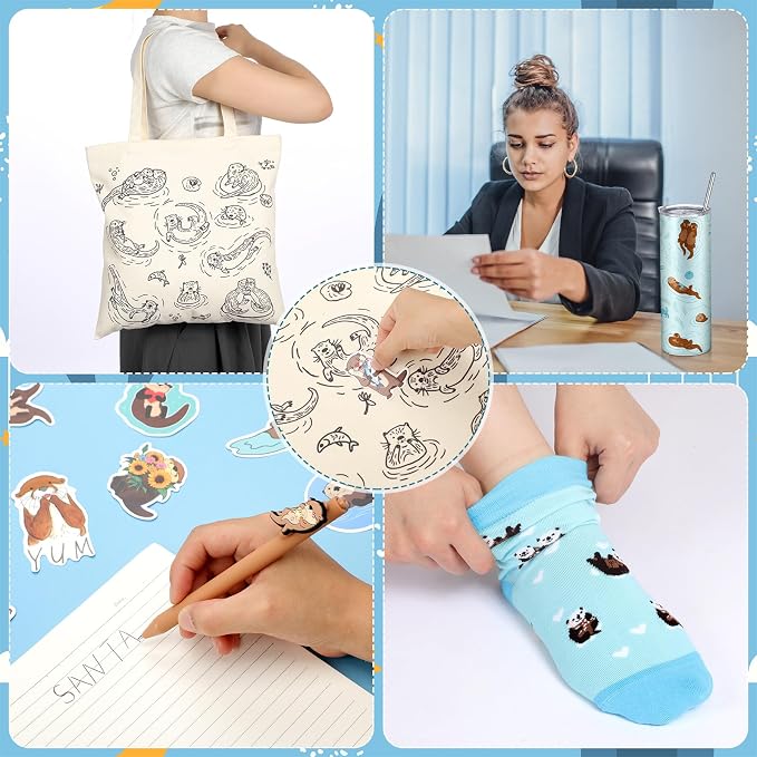 57 Pcs Sea Otter Gifts Set for Women 20 oz Tumbler Canvas Bag Pen Socks Stickers Otter Lover Stuff Accessories Gift for Christmas Mom Sister Friends Office School Birthday Party Supplies