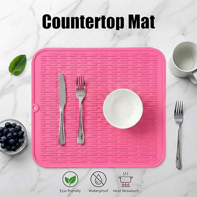 MicoYang Silicone Dish Drying Mat for Multiple Usage,Easy clean,Eco-friendly,Heat-resistant Silicone Mat for Kitchen Counter or Sink,Refrigerator or Drawer Liner Rose XL 18 inches x 16 inches