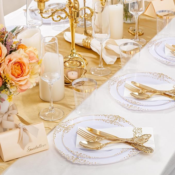 YOUBET 700PCS Gold Plastic Dinnerware Set - 36 Pack Clear Champagne Flutes Plastic - 200 Disposable Plates, 300 Heavy Duty Silverware, 100 Cups,100 Napkins for Wedding Party Graduation
