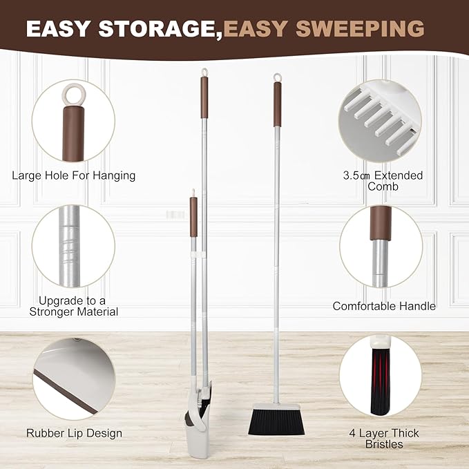 54" Long Handled Broom and Dustpan Set - Perfect Dust Pan and Brush Combo for Efficient Cleaning, Brown and White