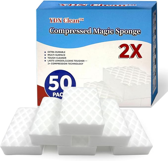 Magic Eraser Sponge 2X Density, Multi-Purpose Long Lasting Melamine Sponge, Water-Activated Cleaning Sponge Eraser for Kitchen, Bathroom, Wall, Shoes & Car, Extra Durable, Non-Scratch (50)