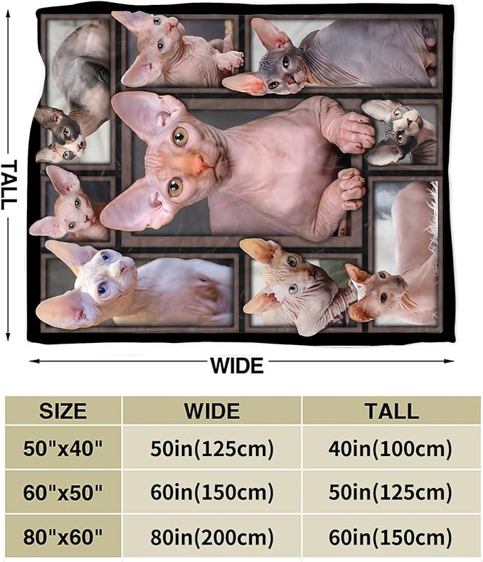 Sphynx Cat Gifts & Decor - Cute Throw Blanket for Girls, Women, Kids & Adults - Soft, Warm, Cozy Fleece Blanket for Couch, Sofa & Bed - 50"x40"