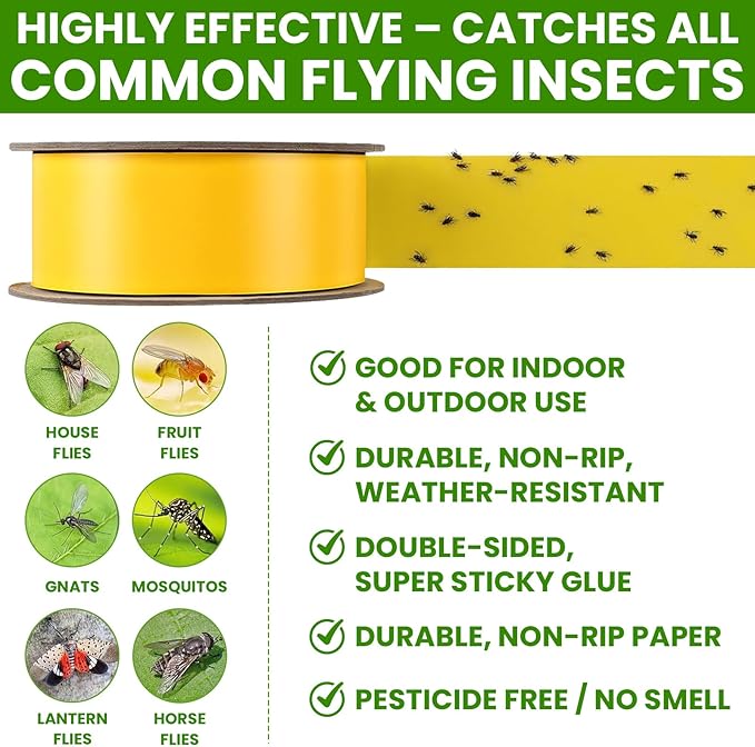 2 Rolls Double-Sided Yellow Sticky Tree Tape 2 Inch Wide x 330 Ft Spotted Lantern Fly Trap for Outdoor Indoor Trees Fruit Plants Gardens Pest Control for Aphids Ants Moths