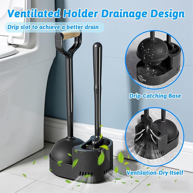 Sellemer Toilet Brush and Plunger Set, Curved Design Head for Deep Cleaning, Heavy Duty Toilet Bowl Brush and Plunger Combo with Holder for Bathroom Cleaning, Black, 2 Pack