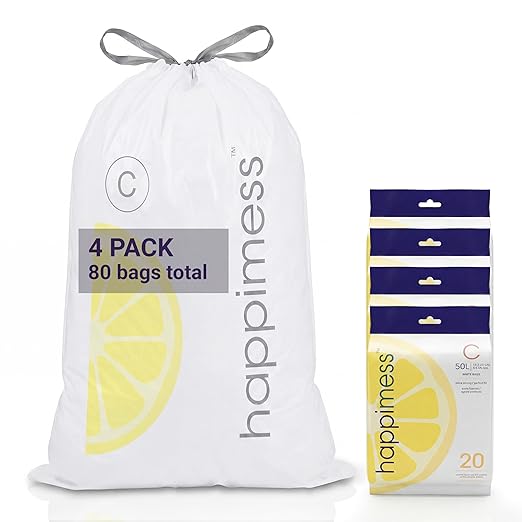 happimess 13.2 Gallon (50L) Drawstring Trash Bags, Lemon Scent, White, Heavy Duty MDPE Liners for Kitchen and Household, Odor Control, Custom Fit 80 Count (4 Packs of 20 Liners) HPM3100C-W-4SET