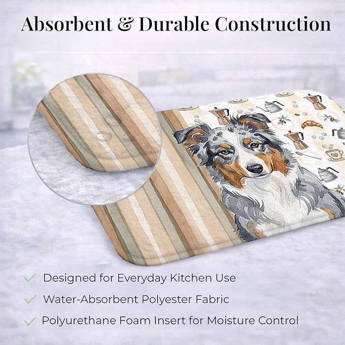 Caroline's Treasures Blue Merle American Shepherd Coffee Bar Dish Drying Mat Absorbent Dish Drying Mat Pad for Kitchen Counter Dish Drainer Mat for Countertop, 14 x 21", Multicolor