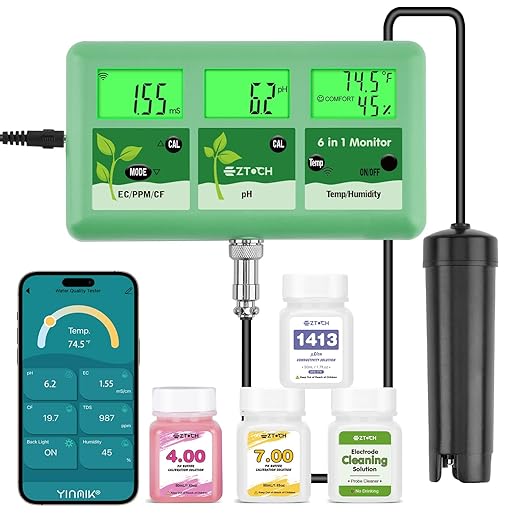 pH EC PPM Monitor for Water Hydroponic with Calibration Solution, 6 in 1 pH EC TDS Continuous Monitor with pH 4.0 7.0 & EC 1413μS/cm Calibration and Probe Cleaning Solution for Water, Pool, Aquarium