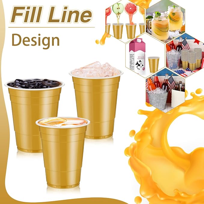 Lounsweer 100 Pcs 16 oz Disposable Party Cups Plastic Heavy Duty Drinking Water Cups for Birthday Baby Shower Wedding BBQ Picnic Party Supplies(Gold)