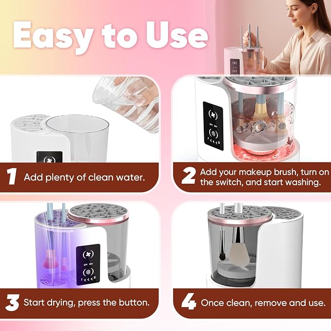 3-in-1 Makeup Brush Cleaner Machine & Dryer,Electric Automatic Brush Washer with Holder,USB-C Touch Control,One-Button Cleaning,Portable Cosmetic Brush Cleaner,Fits Most Sizes