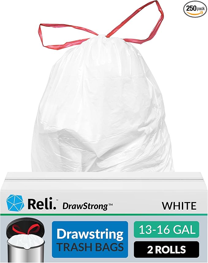 Reli. Drawstring Trash Garbage Bags, Tall Kitchen, 250 Count Bulk, White, 13 Gallon - 16 Gallon Capacity