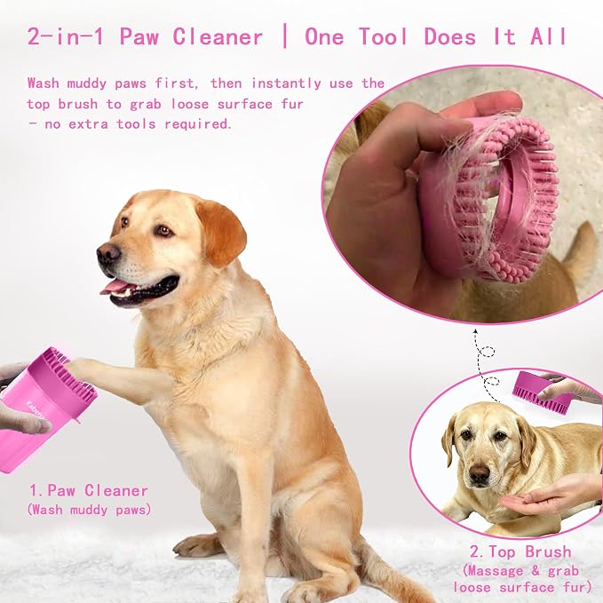 Paw Cleaner for Small/Medium Dogs - Grabs Loose Fur with Top Brush | Clean muddy paws fast. Attached top brush grabs loose fur. No extra tools. Comes with bath brush & 3 towels. Less fur. Pink