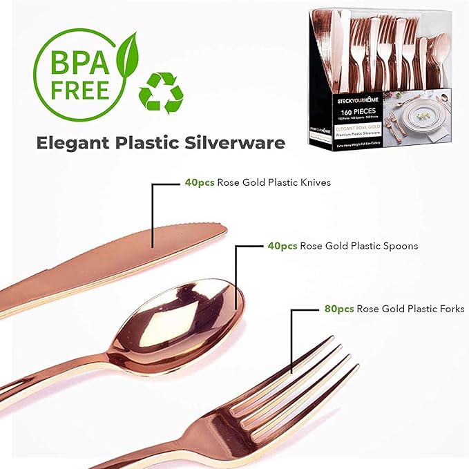 Rose Gold Plastic Silverware Set (160 Bulk Pack) Disposable Cutlery Utensils, 80 Forks, 40 Knives, 40 Spoons, Heavy Duty Rose Gold Flatware For Holidays, Parties, Dinners, Weddings, and Occasions
