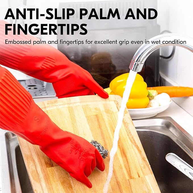 Vgo... 1-Pair Reusable Long Sleeve Thick Latex Dishwashing Gloves - Kitchen, Cleaning, Washing, Working, Painting, Gardening, Pet Care (Size M, Red, RB2143)