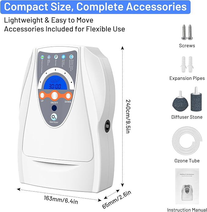 VTAR Ozone Machine, 500mg/h Multipurpose Ozone Machine Purify Air, Water, Fruits, Vegetables, Toothbrushes, Aquarium. Fruit Cleaner Device in Water- White