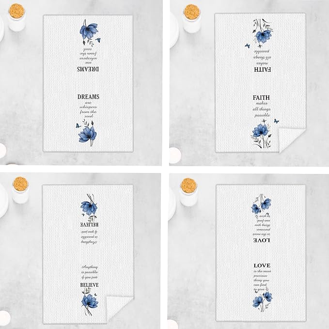 Inspirational Floral Kitchen Towels, Dreams Faith Believe Love Blue Floral Hand Towels for Bathroom, Inspirational Motivational Gifts Dish Tea Towels for Kitchen Decor, 16x24 Inch Set of 4
