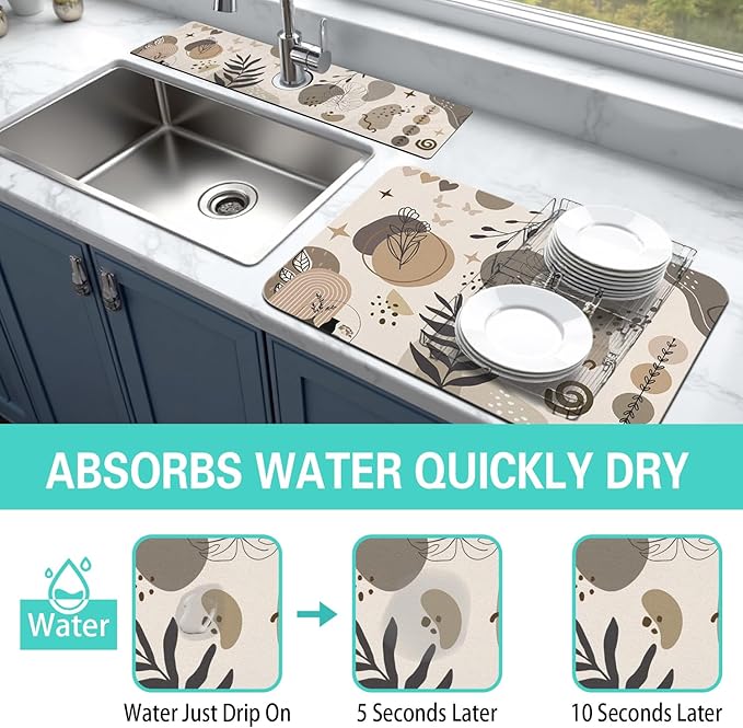 Dish Drying Mat for Kitchen Counter Matt, 2PCS 24"x18" Dish Drainer Mat & 24"x5.5" Sink Splash Guard, Super Absorbent Non-slip Rubber Backed
