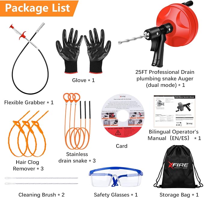 25 FT Double Mode Drain Snake Tools, 14-in-1 Drain Auger【Upgraded】 | for Sink and Drain Unblocking, Plumbing Snake for Kitchen, Bathrom and Shower Sink, Drain Clog Remover for Real DYIs
