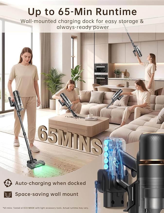OXVAC Cordless Vacuum Cleaner 600W/58KPa, Self-Standing Stick Vacuum with 65-Min Runtime & Removable Battery, Self-Cleaning Filtration, Tangle-Free for Pet Hair, Carpets, Hard Floors & Daily Cleaning