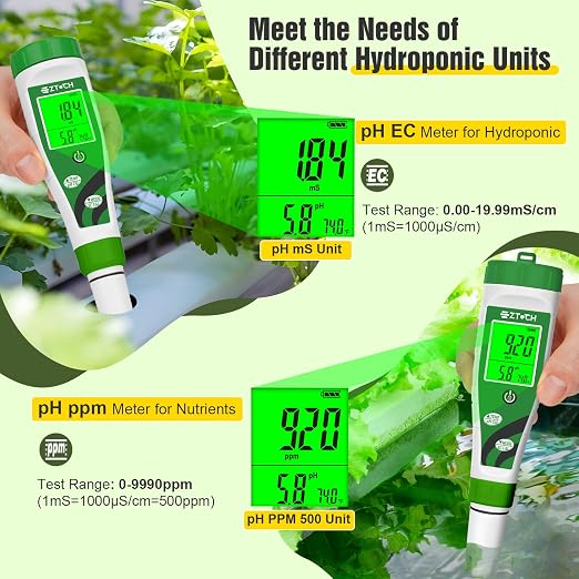 pH Meter for Water Hydroponic with Calibration Solution, 4 in 1 pH Meter with pH 4.0 7.0 & EC 1413μS/cm Calibration and Probe Cleaning Solution for Water, Pool, Aquarium, Fish Tank