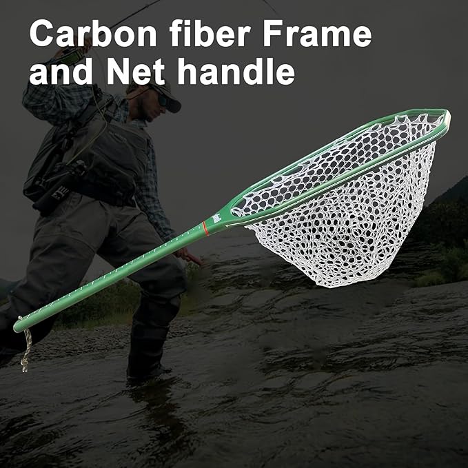 Aventik Floating Fly Fishing Net Carbon Fiber Square Landing Net with Accurate Measuring Handle Clear Rubber Ghost Mesh for Professional Trout Fishing Catch & Release