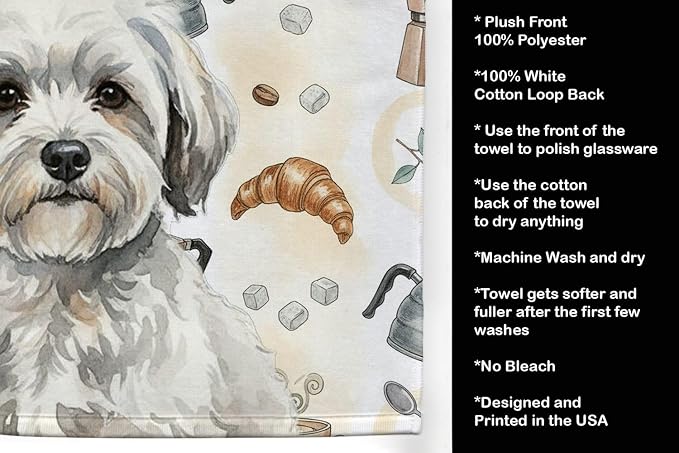 Caroline's Treasures White with Gray Coton de Tulear Coffee Bar Kitchen Towel Velour Plush Front and Cotton Loop Back Machine Washable