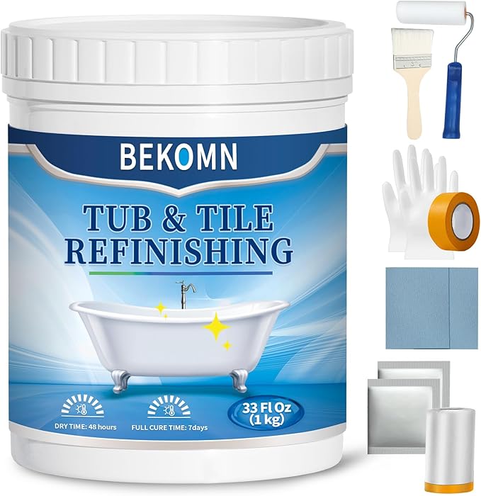 BEKOMN Tub Paint,Tub and Tile Refinishing Kit 33oz with Tools,Bathtub Paint White Water-based Low Odor,Easy to Use for Sink Kitchen Bathroom,Semi-Gloss,50-55sq.ft