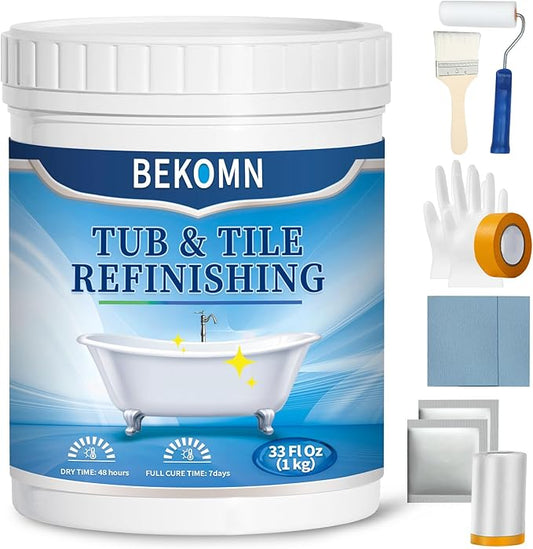 BEKOMN Tub Paint,Tub and Tile Refinishing Kit 33oz with Tools,Bathtub Paint White Water-based Low Odor,Easy to Use for Sink Kitchen Bathroom,Semi-Gloss,50-55sq.ft