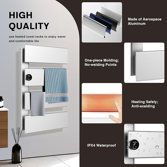 K&KALONZO Electric Towel Warmer, 18.35" W x 31" H Wall-Mounted Towel Heater with Built-in Timer, Waterproof Aluminum Towel Warmer for Bathroom, Support Plug-in and Hardwired, Silver, K4-L-S