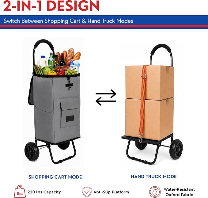 Shopping Cart, Super Loading Grocery Trolley, 220 lbs Capacity, Foldable Cart with Extra Large 55L Shopping Bag Portable Grocery Utility Cart with Adjustable Bungee Cord (Gray)