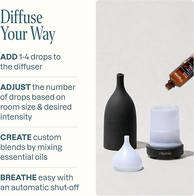 Cliganic Ceramic Aromatherapy Diffuser for Essential Oils (Black) - 7 Color Lights, Cool Mist, Auto Shut Off for Home & Office