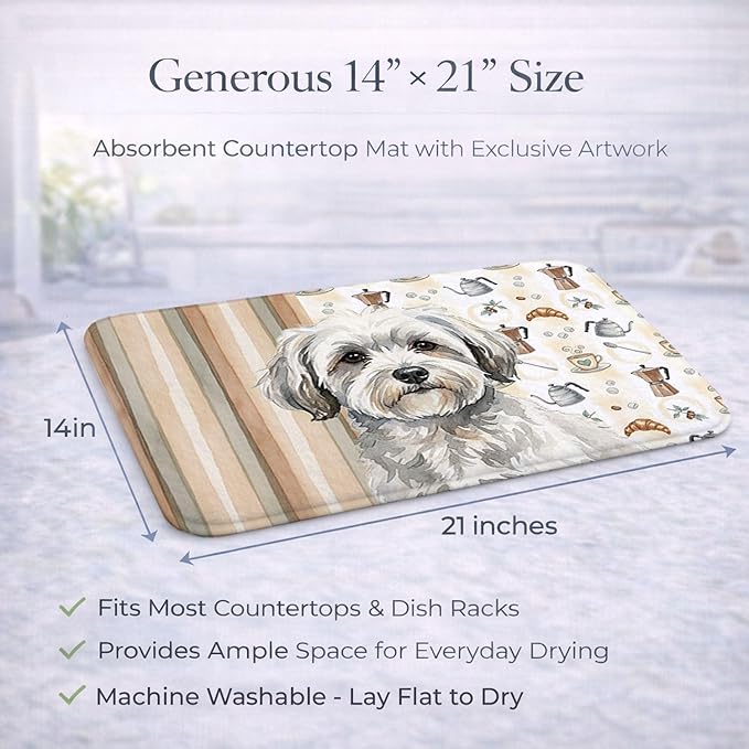Caroline's Treasures White with Gray Coton de Tulear Coffee Bar Dish Drying Mat Absorbent Dish Drying Mat Pad for Kitchen Counter Dish Drainer Mat for Countertop, 14 x 21", Multicolor