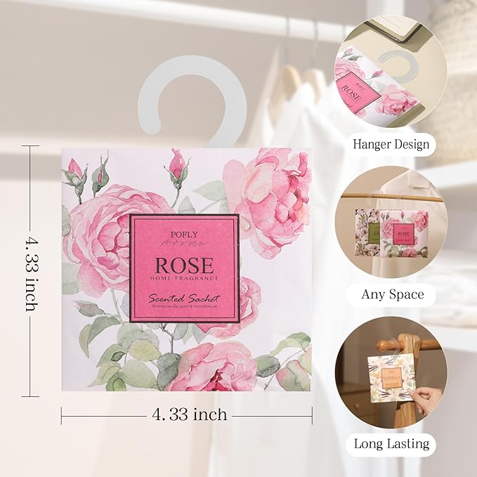 12 Pack Rose Scented Sachets, Long-Lasting Fresh Scent, Air Freshener for Closet & Drawers, Hanging Deodorizer for Home