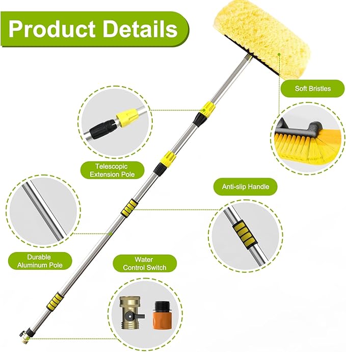 SISUPASSIE 12FT Car Wash Brush with Long Handle, 12-Inch Soft Bristle Car Cleaning Brush for Cleaning RV, Truck, Boat, Solar Panels, Yellow