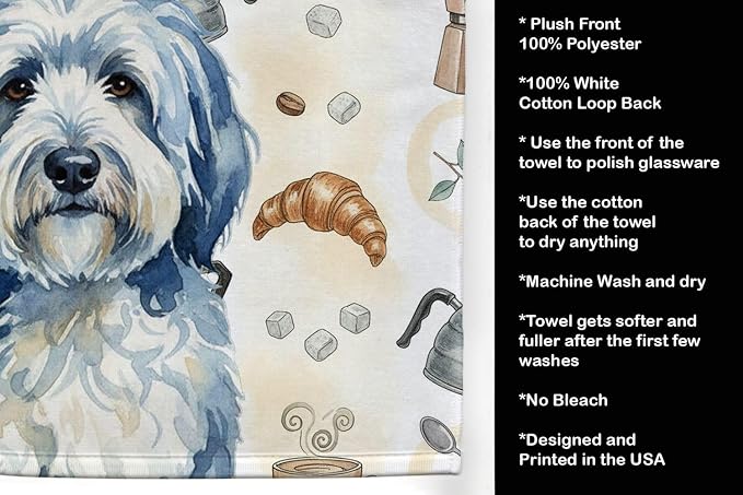 Caroline's Treasures Blue and White Old English Sheepdog Coffee Bar Kitchen Towel Velour Plush Front and Cotton Loop Back Machine Washable
