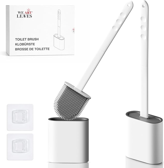 Silicone Toilet Brush and Holder Set – Pack of 2 Wall Mounted Toilet Scrubber Brush White – Long Non-Slip Handle, Modern Design, Flexible Bristles for Easy Cleaning