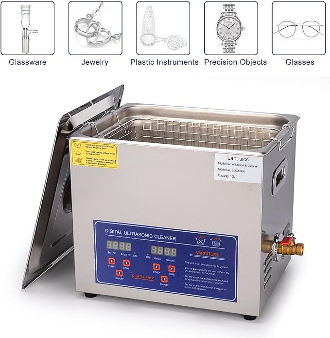 Labasics Ultrasonic Cleaner, Professional All-Purpose Stainless Steel Ultrasonic Washing Device with Digital Display Timer and Heat Control for Laboratory 110V, 10L