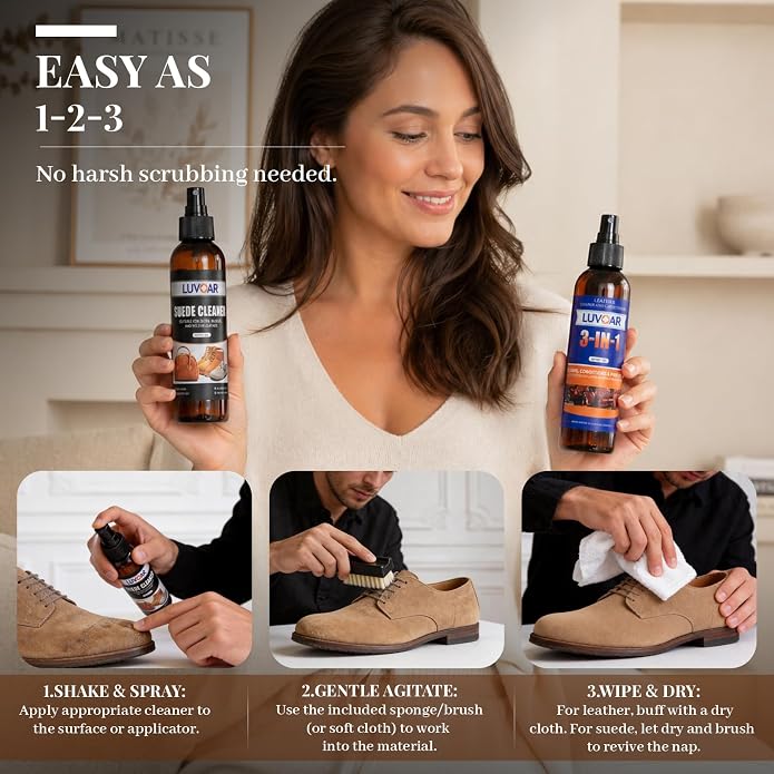 Suede Conditioner and 3-in-1 Leather Cleaner and Conditioner,for Car Interiors, Apparel, Furniture, Boots