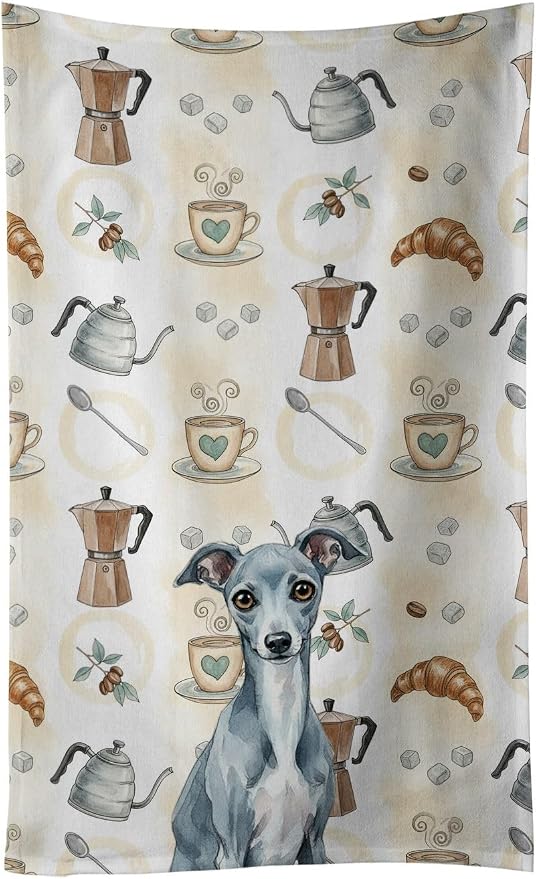 Caroline's Treasures Blue Italian Greyhound Coffee Bar Kitchen Towel Velour Plush Front and Cotton Loop Back Machine Washable