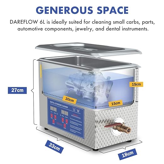 Ultrasonic Patrs Cleaner 6L Professional Ultrasonic Carburetor Cleaner with Heater and Timer Efficiently Cleaning for Carbs Injectors Jewelry Brass and Guns with Cleaning Basket DAREFLOW