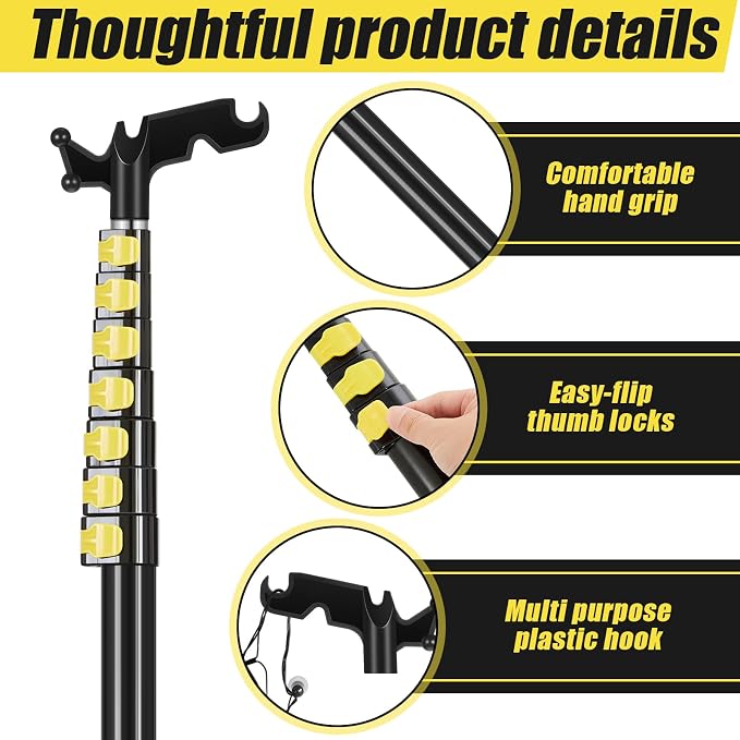 7.7-42ft Long Christmas Light Hanger Pole with Utility Hook, Telescopic Extension Pole Multi-Purpose for Christmas String Lights Installation Painting Cleaning Without Ladder (Yellow)
